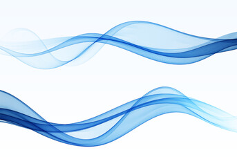 Obraz na płótnie Canvas Two smooth blue abstract waves flowing across a bright white background.