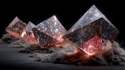 four translucent, pyramidal objects are arranged in a line against a dark background, with the closest object in sharp focus and the others receding into the distance