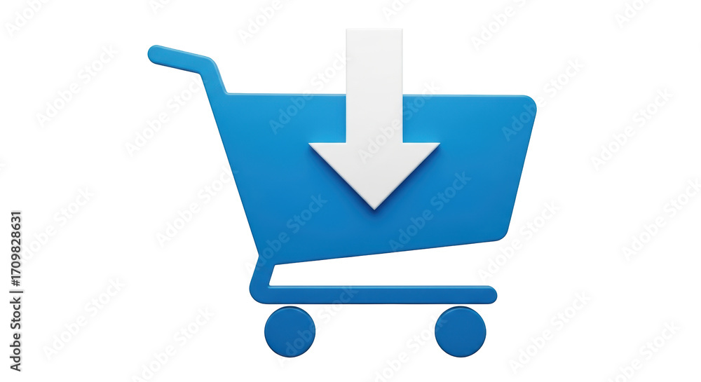 Poster isolated blue shopping cart with white arrow pointing downwards for adding to cart