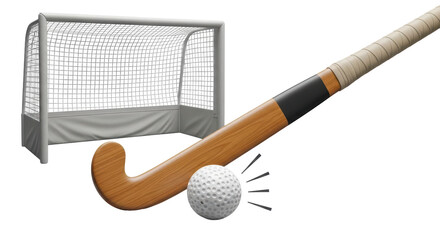 Isolated sports equipment, hockey stick striking a hockey ball heading into goal net realistic 3D