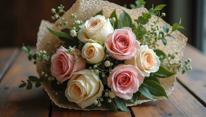 Beautiful bouquet of pink and white roses wrapped in craft paper placed on rustic wooden table
