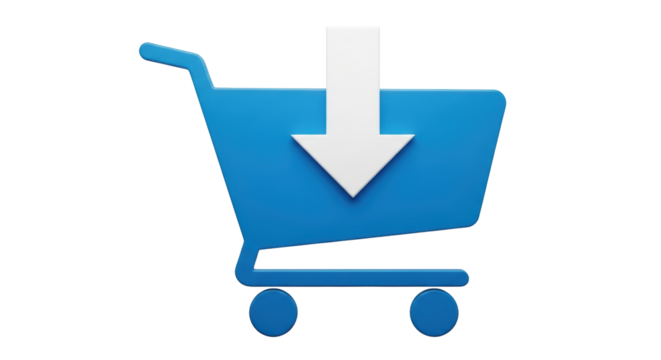 Isolated Blue Shopping Cart with White Arrow Pointing Downwards for Adding to Cart