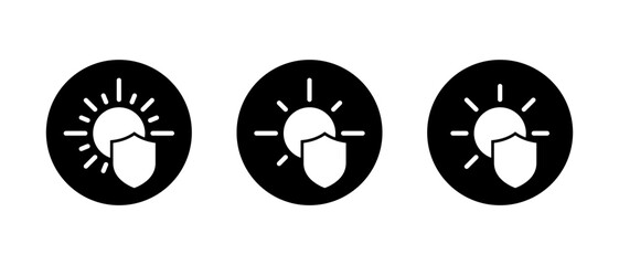 UV protection shield icon set. Sun safety and sunscreen defense symbol in black circle
