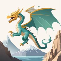 3D Drache, Fantasy, schuppige Textur, fliegend über Bergen, episches Licht, detailliert, fotorealistisch