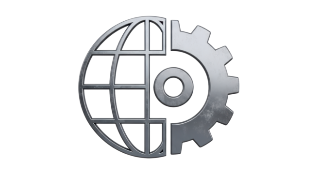Isolated globe and gearwheel icon represents global industry and industrial technology