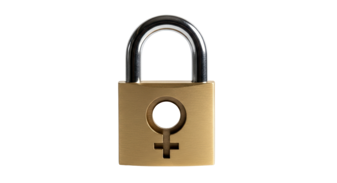 Isolated padlock with female gender symbol for women's issues security concept