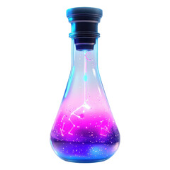 A glowing laboratory flask filled with a vibrant, swirling liquid in shades of pink and blue, showcasing bubbles and light effects.