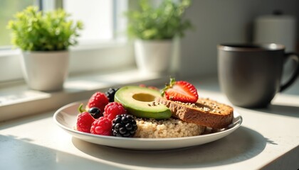 Healthy breakfast flat lay with oatmeal, fresh berries, avocado toast, coffee set against neutral kitchen background. Bright natural light illuminates clean food, wholesome, energizing meal perfect