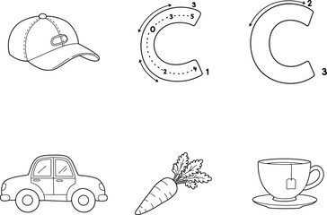 Educational line art: cap, letter C tracing, car, carrot, and tea cup for learning