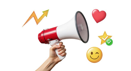 Isolated megaphone with hand promotion plus up chart heart star and winking smiley emoji
