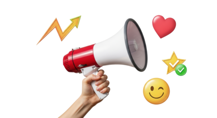 Isolated megaphone with hand promotion plus up chart heart star and winking smiley emoji