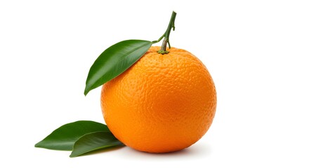 An orange with leaves and a small stem is centered on a white background