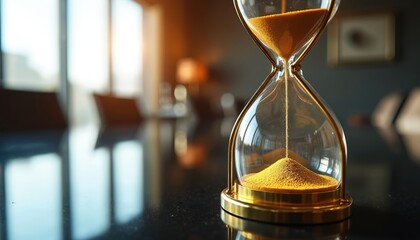 Hourglass with golden sand flowing on sleek black surface. Time passage, moment management, transition, evolution. Abstract concept of past, present, future cycle, continuous, endless progress.