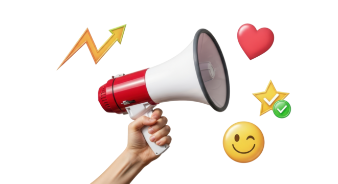 Isolated megaphone with hand promotion plus up chart heart star and winking smiley emoji