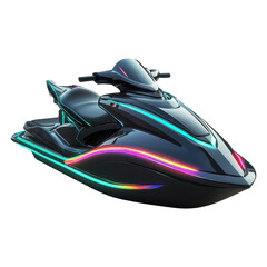 A sleek jet ski with vibrant, glowing stripes, showcasing a modern design and dynamic contours.