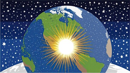 Earth, sunburst, night sky. Planet Earth depicted with continents, a bright sunburst radiating from the center, and a starry night sky