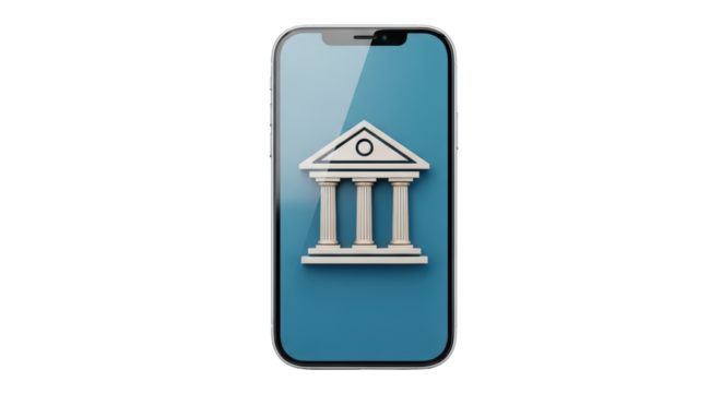 Isolated Smartphone banking app interface with courthouse building symbol on display