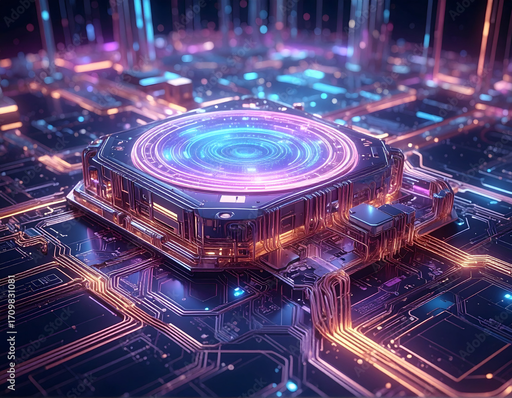 Poster futuristic circuit board with a central processing unit
