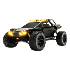 A sleek, modern remote-controlled car with aggressive styling, featuring bright headlights and large off-road tires.