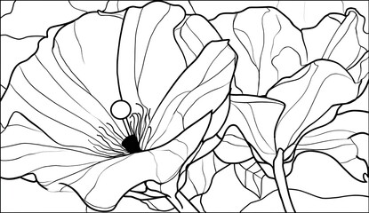 Detailed black and white line drawing of two flowers