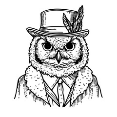 Black and white drawing of an owl wearing a top hat and a tie. The owl has a menacing look on its face, and the hat and tie give it a sophisticated and formal appearance