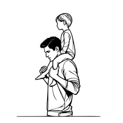 Man is holding a child on his shoulders. The man is wearing a white shirt and the child is wearing a white shirt as well. The scene is simple and straightforward, with the focus on the man and child