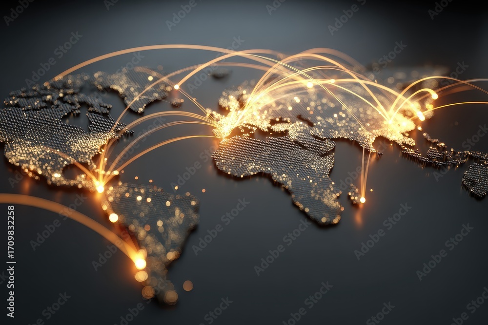 Poster global business network illustrated with a dynamic world map showcasing interconnected regions throu