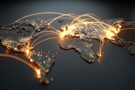 Global business network illustrated with a dynamic world map showcasing interconnected regions through glowing links representing trade and collaboration