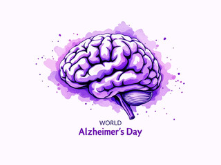 Minimalist vector of a human brain with purple splash and World Alzheimer’s Day text, perfect for health awareness, medical campaigns, and Alzheimer support visuals