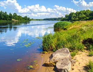 Scenic river view with lush vegetation and dramatic cloud reflections