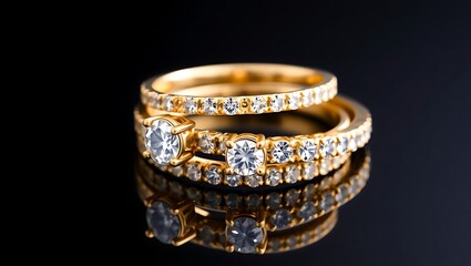 Sparkling Gold Rings with Diamonds on Reflective Black Surface for Elegant Occasions