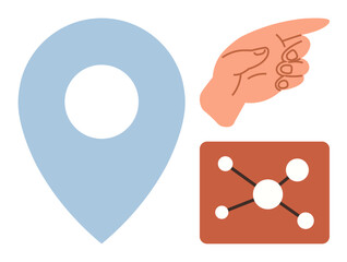 Hand gesture, blue pin, and network chart signify navigation, direction, communication, teamwork, planning strategy and networking. Ideal for business geography teamwork. Simple flat metaphor