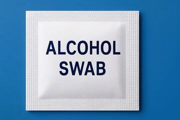 A macro photo of a white alcohol swab packet on a blue surface, used in hospitals and clinics for sterilization and safe medical practice.
