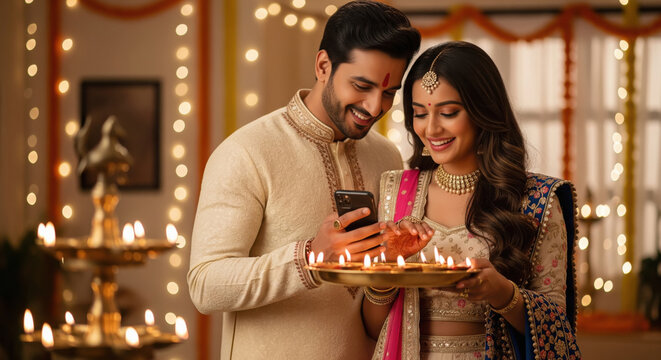 happy young indian couple celebrating diwali festival together at home