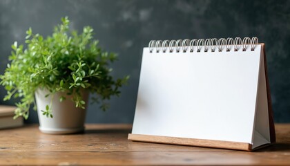 Blank white spiral desk calendar mockup rests on rustic wooden table beside potted green plant. Inviting workspace inspires productivity, organization. Ideal for planning, notes, business promotion.
