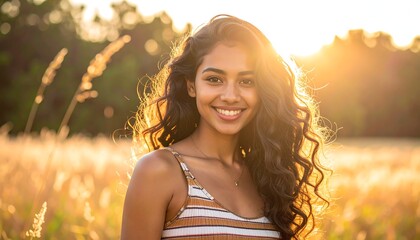 Smiling woman in field at sunset