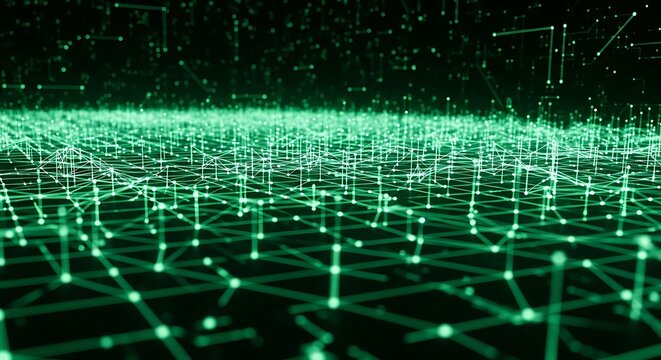 A complex network of interconnected points and lines creates a vibrant green digital landscape against a dark background.
