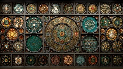 the image features a large collection of circular decorative glass panels arranged in a grid like pattern