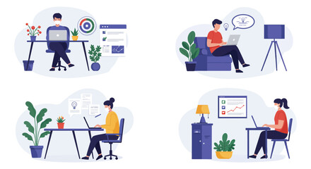 People working remotely from home using laptops and various setups