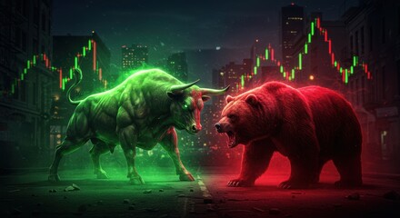 Green bull and red bear face off amid stock market chart reflecting financial strength trading and investment for success