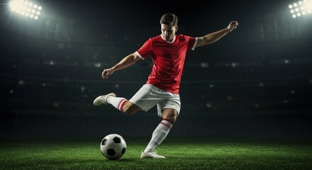 Naklejka premium Dynamic soccer player kicks ball with power on stadium green field under bright spotlights during competitive match