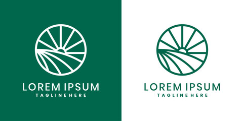 Green farm logo design with sunrise over fields