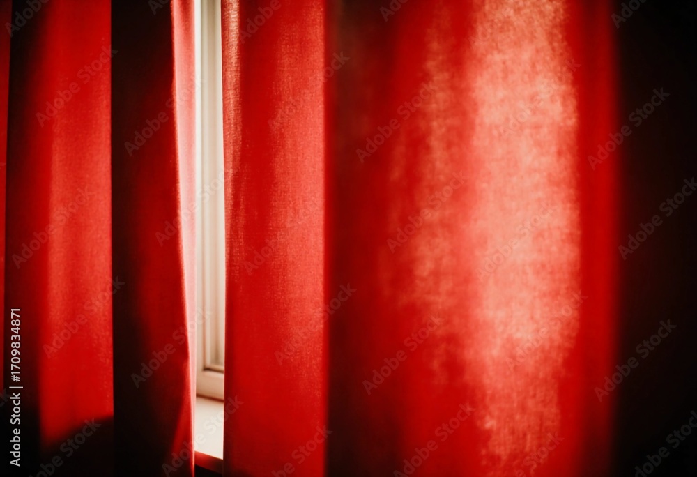 Poster soft light filters through the partially drawn red curtains in a cozy room, creating a warm atmosphe