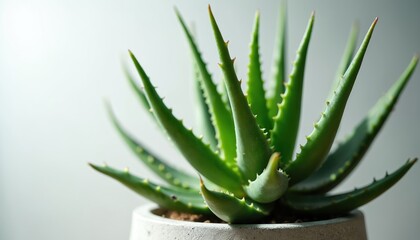 Close-up of vibrant green aloe vera plant in textured concrete pot. Fleshy, spiky leaves detailed, suggesting medicinal properties, natural beauty. Succulent thrives in bright, indirect light,