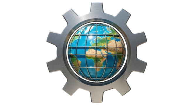 Isolated Earth globe within gear wheel depicting global mechanism for environment projects