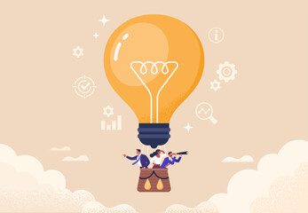 Business Idea and Innovation Concept. Vector illustration of business people flying in a hot air balloon shaped like a light bulb. Creative idea, vision, and leadership symbol.