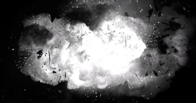 Explosion with fire shockwave and scattering debris pieces. Vfx explosion element.