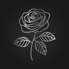A hand-drawn rose with a continuous line. A silver rose on a dark background. Vector illustration