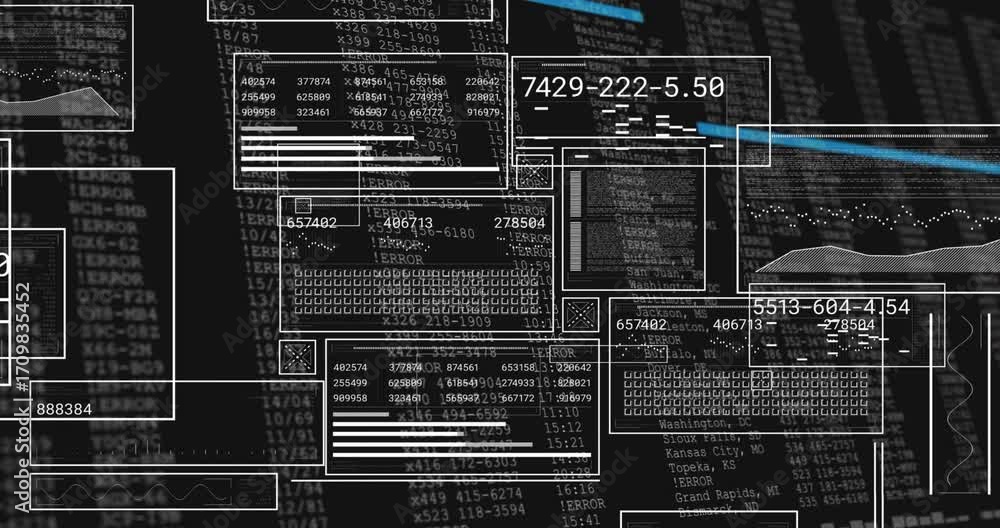 Poster data overlay opening frames filling while scrolling code with sweeping beam highlighting clusters