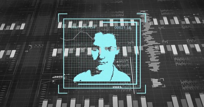 Dark grid UI initiating pixelated user scan frame and animating bar and line charts for profiling